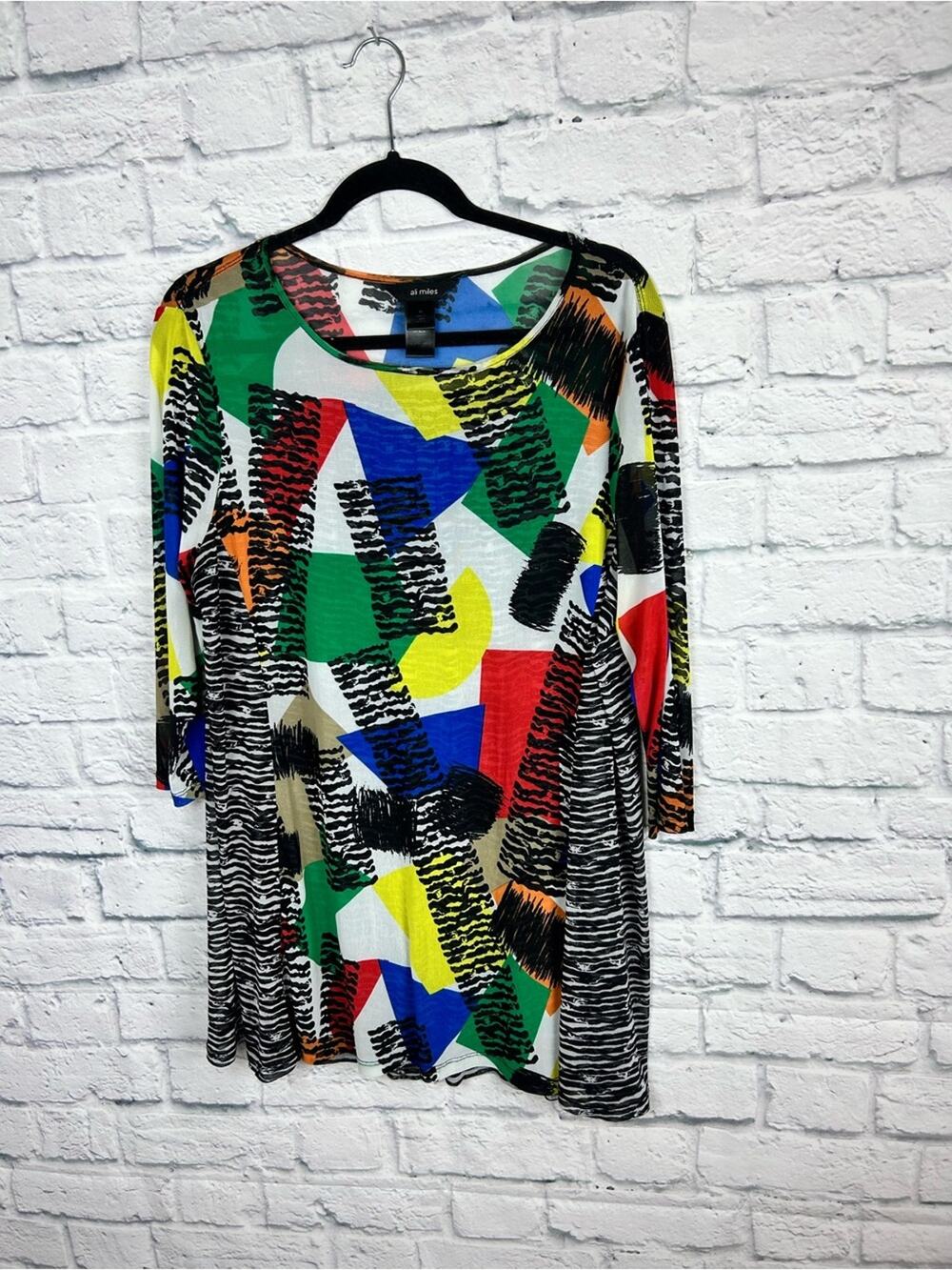 Ali Miles XL Colorful Abstract Print Mesh Tunic Top 3/4 Sleeve Lined Stretch